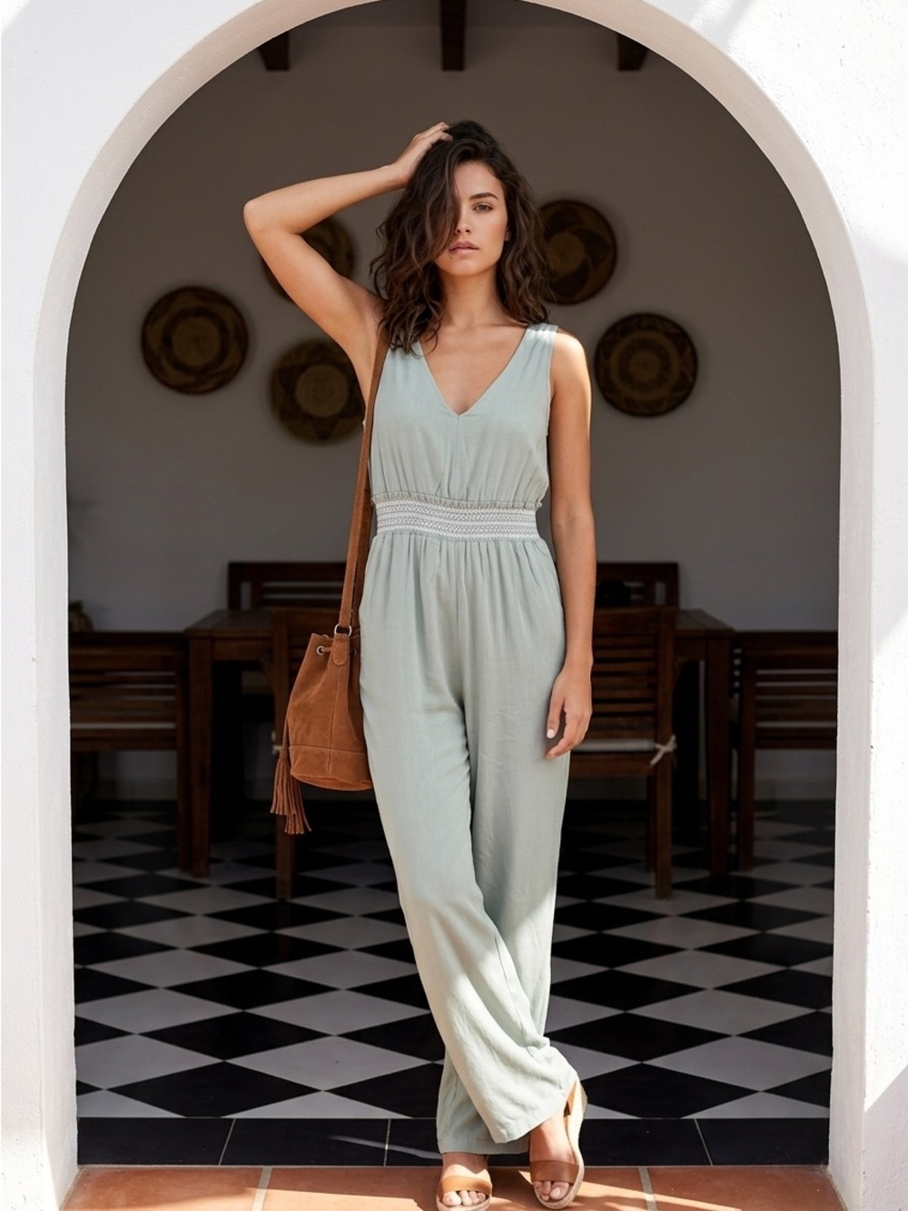 Japna Women’s Sz L Sleeveless Jumpsuit Wide Leg White Smocked Waist V Neck